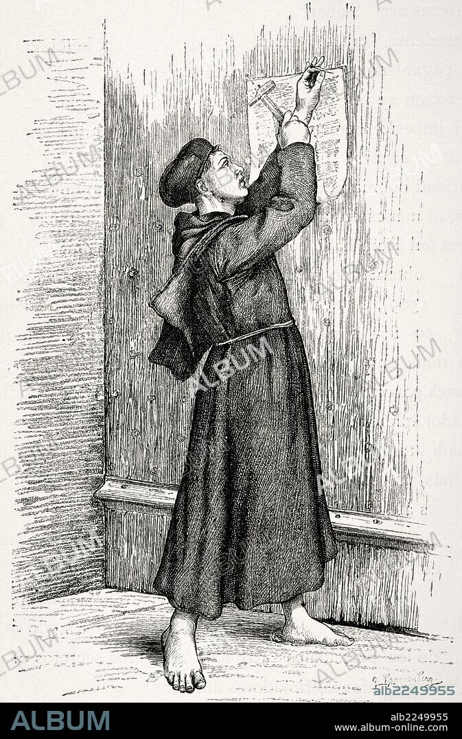 LUTERO, Martin Luther, llamado (Eisleben, 1483-Eisleben, 1546). Reformador alemán. Doctor en Teología y sacerdote agustino. En 1517 expuso las tesis principales del luteranismo en Wittenberg. Fué excomulgado en 1520. "LUTERO EXPONE AL PUBLICO SUS TESIS, COLGANDOLAS EN LA PUERTA DE LA CAPILLA DEL CASTILLO DE WITTEMBERG" (1517). Grabado de Spangerberg (año 1882) .