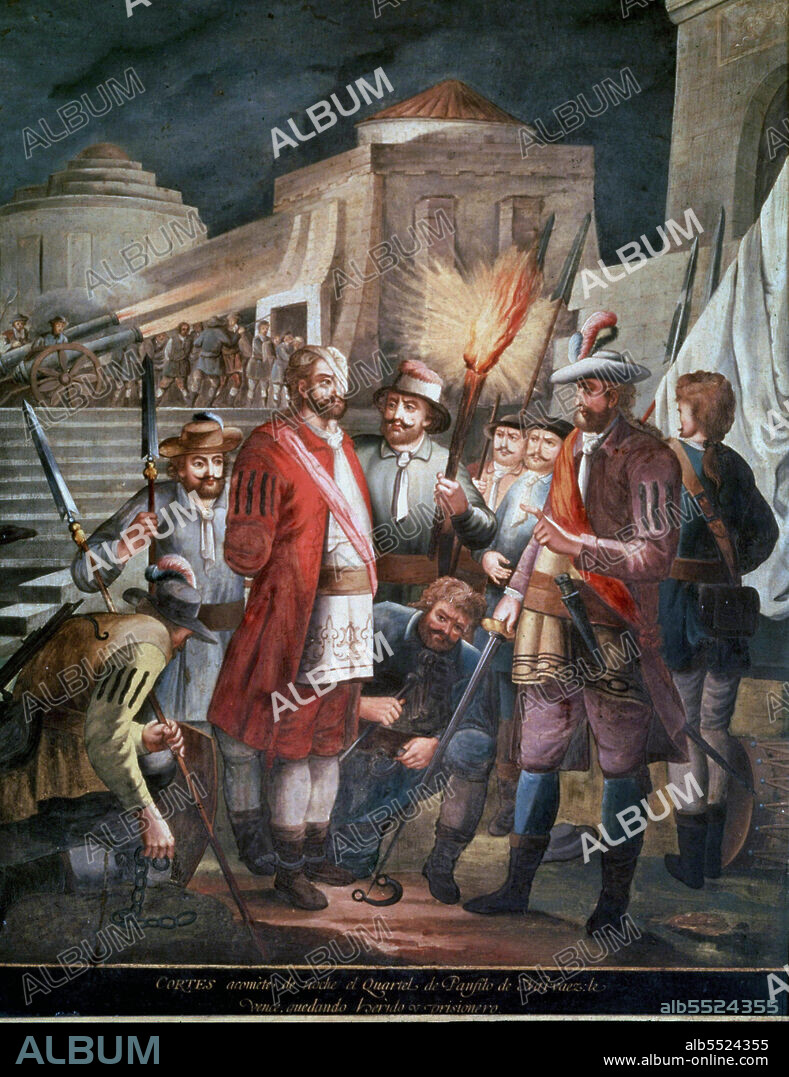 NARVAEZ , PANFILO DE. CONQUISTADOR ESPAÑOL . VALLADOLID 1470-1528. " CORTES HACE PRISIONERO A NARVAEZ ". CUADRO DE LA SERIE " CONQUISTA DE MEXICO ". MUSEO DE AMERICA. MADRID.
