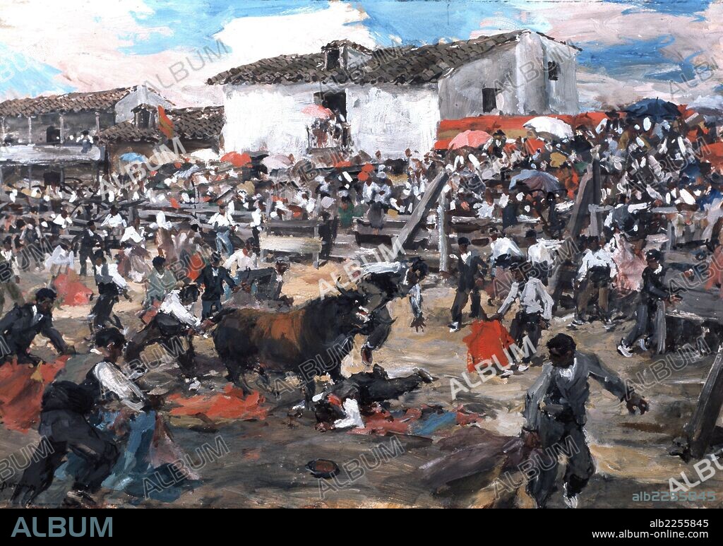 ROBERTO DOMINGO FALLOLA. DOMINGO, ROBERTO. PINTOR ESPAÑOL ESPECIALIZADO EN TEMAS TAURINOS. " CAPEA EN EL PUEBLO ", OLEO TAUROMAQUIA.