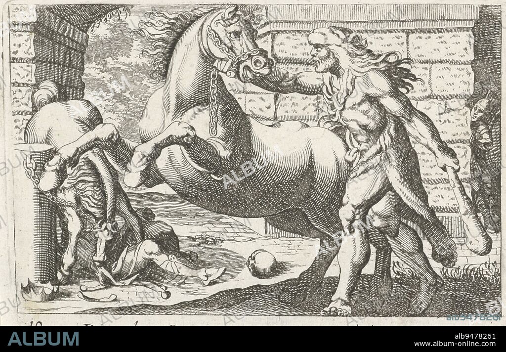 On the right Hercules is taming a carnivorous horse of Diomedes. On the left Diomedes falls prey to his own horse, Hercules tames the horses of Diomedes Diomedem Regem cum equis (title on object) Herculian themes (series title), print maker: Simon Frisius, Antonio Tempesta, print maker: Northern Netherlands, Italy, 1610 - 1664, paper, etching, h 98 mm × w 142 mm.