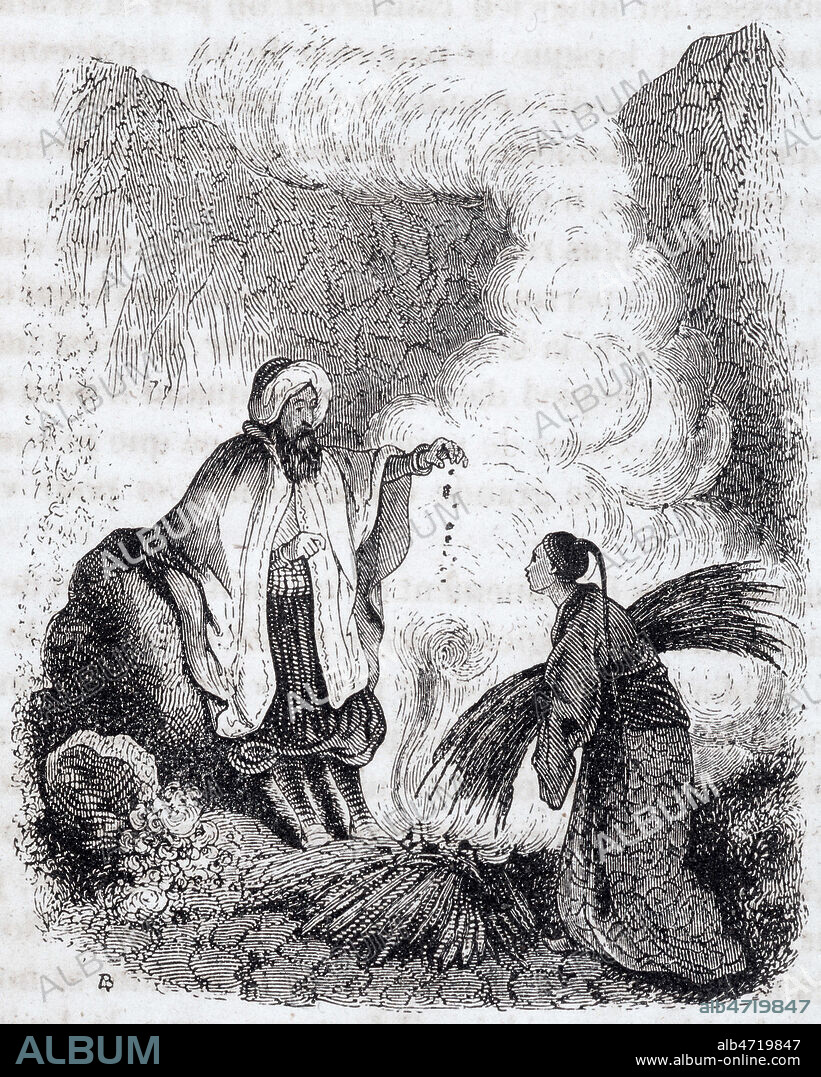 Conte des 1000 et 1 nuits : Aladdin et la lampe merveilleuse. Aladin et son oncle , un magicien africain pour lequel il va aller chercher la lampe. Gravure anonyme pour Les mille et une nuits, tr. Antoine Galland, Paris, Ernest Bourdin et Cie, 1839-40, Credit Collection Kharbine Tapabor.