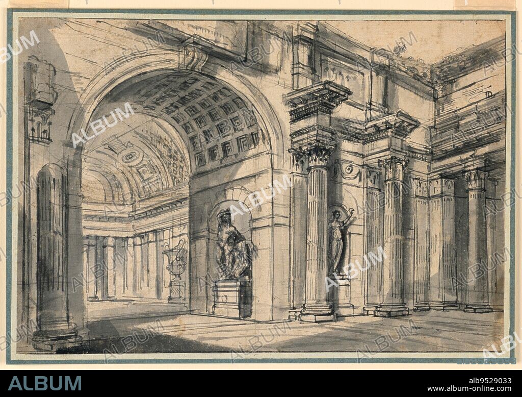 JEAN BAPTISTE LALLEMAND (attributed) and CHARLES MICHEL-ANGE CHALLE. Design for a forecourt with a colonnade along one side, and along another an arched opening into a hall surrounded by a colonnade. Niche with sculpture in forecourt, another in arched opening. Date: 1742-46. Pen and ink with ink washes on laid paper.