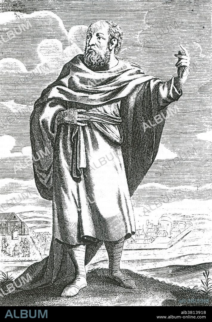 Carneades (214/3 - 129/8 BC) was Greek philosopher who headed the New Academy at Athens when anti-dogmatic skepticism reached its greatest strength. As head of the Academy, he was one of three philosophers sent to Rome in 155 BC where his lectures on the uncertainty of justice caused consternation among the leading politicians. He he delivered two public orations, in which he argued in favor of justice in one speech and argued against it in the other. This arguing on both sides of a question expressed his attitude of suspending judgment, an attitude characteristic of academic, or anti-dogmatic, skepticism. In this spirit, he criticized both Epicurean and stoic beliefs as inconclusive. Many of his arguments on this point later attained classic status. Though he left no writings, his teachings were preserved by Cleitomachus. Engraving from "The History of Philosophy" by Thomas Stanley published in three successive volumes between 1655 and 1661.