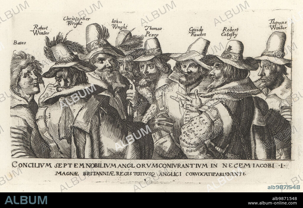 Guy Fawkes and other Gunpowder Plot conspirators, 1605. Thomas Bates, Robert Winter, Christopher Wright, John Wright, Thomas Percy, Guido Fawkes, Robert Catesby and Thomas Winter. After an engraving by Crispijn van de Passe. Copperplate engraving from Samuel Woodburns Gallery of Rare Portraits Consisting of Original Plates, George Jones, 102 St Martins Lane, London, 1816.