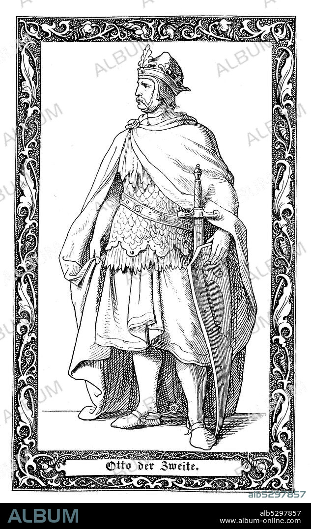 Otto II., called the Red, was Holy Roman Emperor from 973 until his death. Otto II, Otto der Rote, 955-983, Adelsgeschlecht der Liudolfinger, römisch-deutscher Kaiser von 973 bis 983., Digital improved reproduction of an illustration from the 19th century.