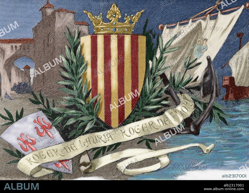 Roger of Lauria (1245-1305). Sicilian-Aragonese admiral. The Great Admiral. Engraving by Serrapausas in Spanish Glories. Colored.