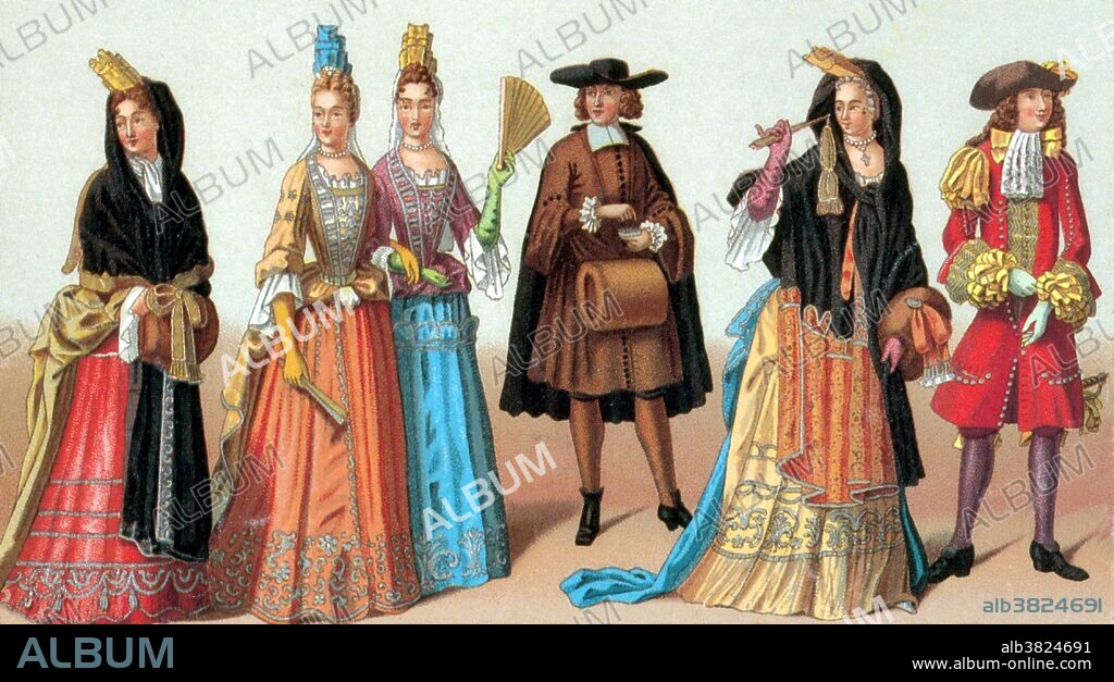 Entitled: "Costumes French men and women 1690's." Fashion is a distinctive and often habitual trend in the style in which a person dresses. It is the prevailing styles in behavior and the newest creations of textile designers. Prior to the mid-19th century, most clothing was custom-made. It was handmade for individuals, either as home production or on order from dressmakers and tailors. By the beginning of the 20th century, with the rise of new technologies such as the sewing machine, the development of the factory system of production, and the emergence of department stores, clothing had increasingly come to be mass-produced in standard sizes and sold at fixed prices.