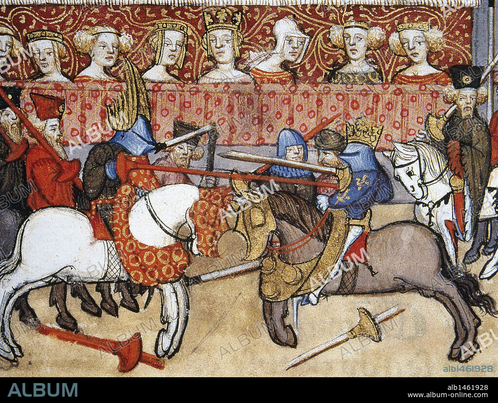TORNEO MEDIEVAL. Miniatura perteneciente a las "Grandes Chroniques de France". Castillo de Chantilly. Francia.