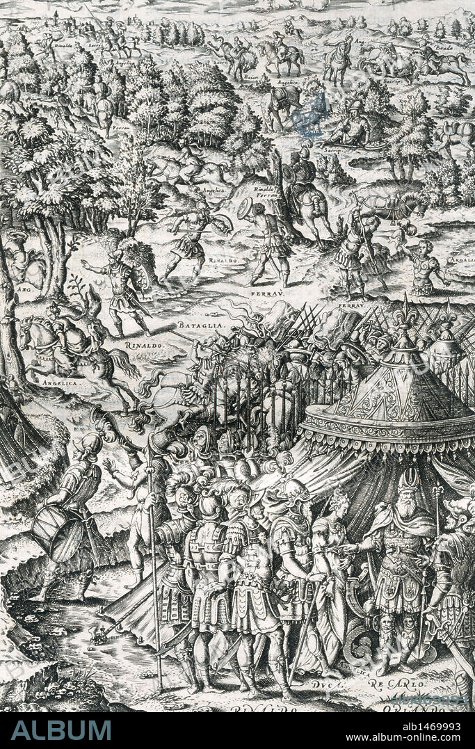 Ludovico Ariosto (1474-1533). Italian poet. The Frenzy of Orlando. First Chant. Engraving depicting all the characters of the poem, by Girolamo Porro. Printed in Venice, 1583.