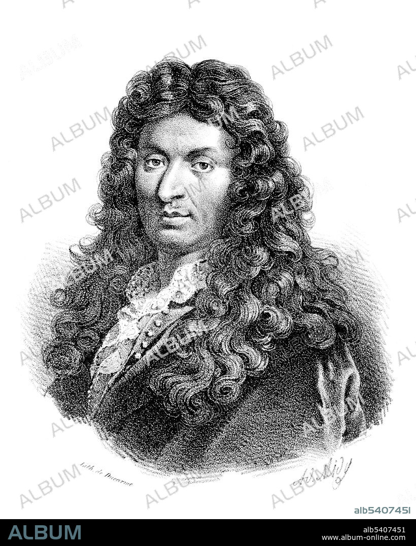 Jean-Baptiste Lully (1632-1687) was an Italian-born French baroque composer and dancer in the court of Louis XIV of France. He developed the comédie-ballet, combining theater, comedy, music, and ballet. 19th century lithograph.