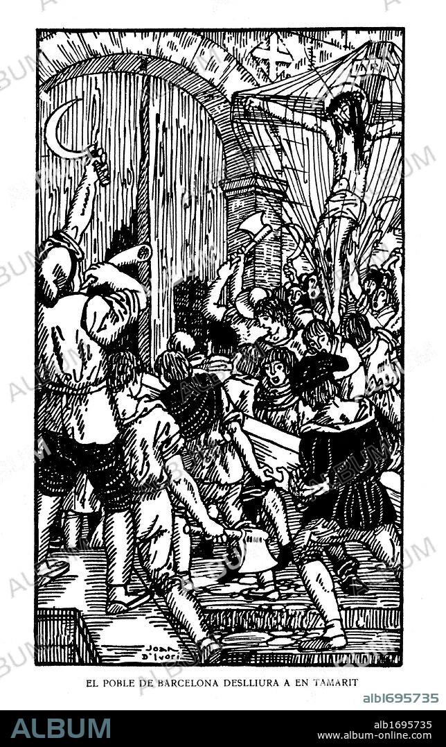 El pueblo de Barcelona libera a Francesc de Tamarit en 1640. Historia popular de Catalunya, de Alfons Roure. Editada en Barcelona, 1919. Dibujo de Joan Vila i Pujol (Joan d'Ivori) (Barcelona, 1890-1947).