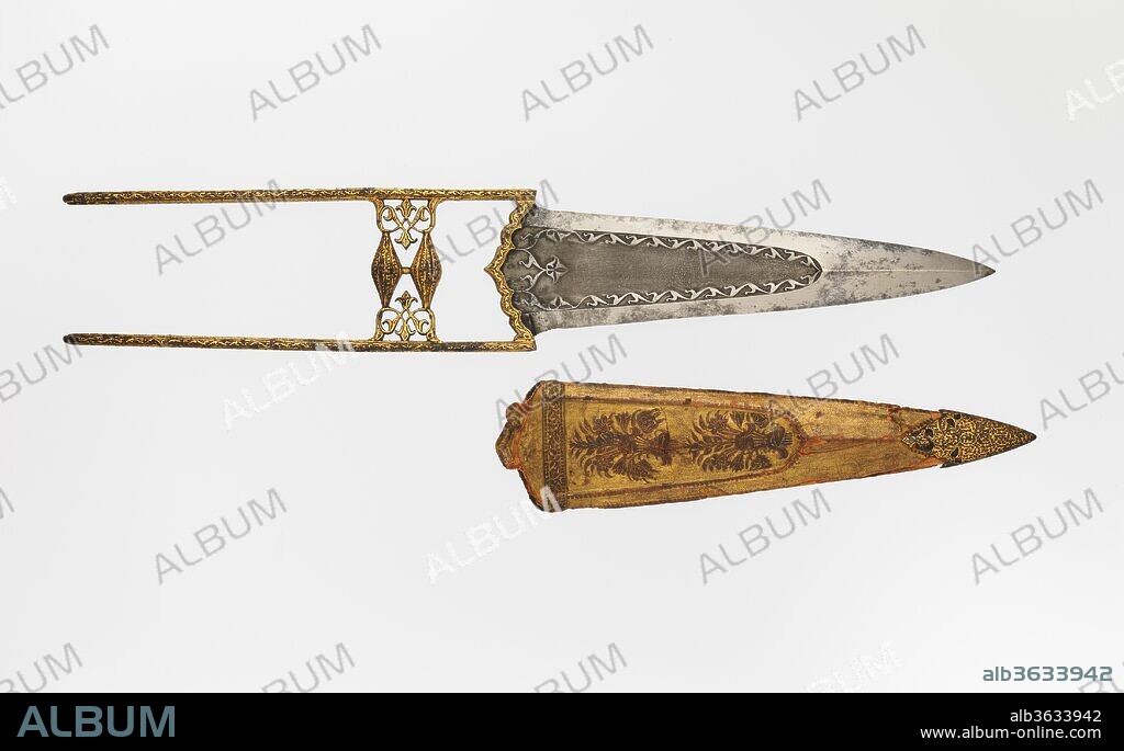 Dagger (Katar) and Sheath. Culture: Indian, Mughal. Dimensions: L. 19 in. (48.26 cm). Date: 17th century.
Daggers of this type, called katars, were designed to be held by the cross bars in a clenched fist. This is one of the few that retains its embossed leather scabbard. Elaborately decorated examples worn thrust through a waist sash, can be seen in many Indian paintings of this period.