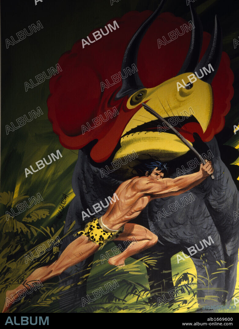 Tarzan fighting with dinosaur.