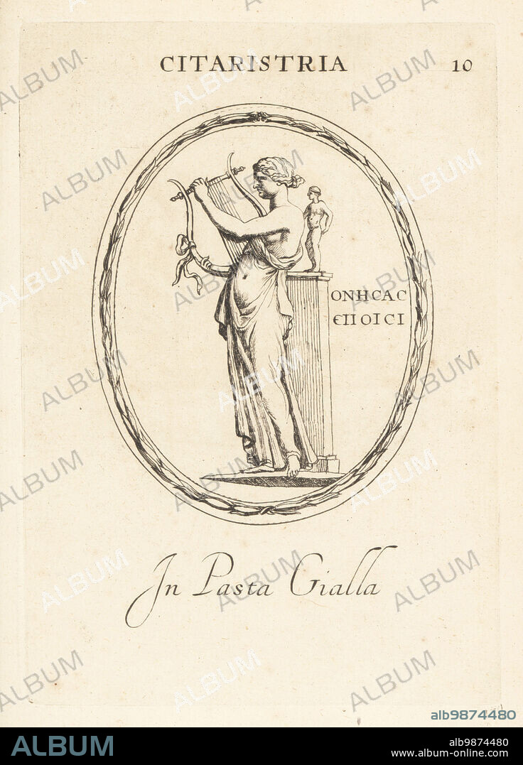 Woman cithara or zither player with statue on plinth. In yellow paste. Sappho, the poetess, was depicted on coins of Lesbo as a citharist. Citaristria in pasta gialla. Signed "Onisa fecit." Copperplate engraving by Giovanni Battista Galestruzzi after Leonardo Agostini from Gemmae et Sculpturae Antiquae Depicti ab Leonardo Augustino Senesi, Abraham Blooteling, Amsterdam, 1685.