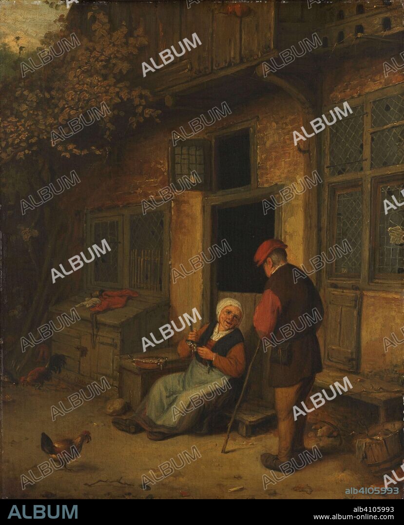 ADRIAEN VAN OSTADE (COPY AFTER). A woman gutting herring in front of her house. Dating: c. 1650 - c. 1700. Measurements: h 40 cm × w 32.3 cm × t 0.6 cm; d 6 cm.