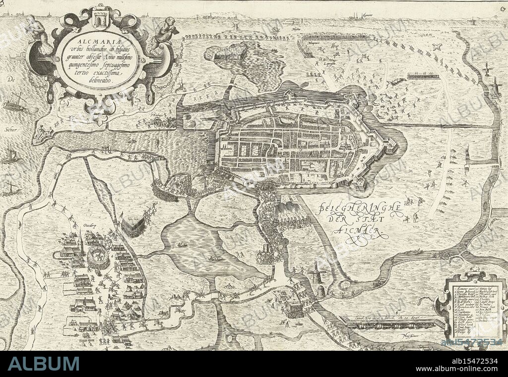 Northern Netherlands, Alcmariae urbis hollandiae ab hispanis graviter obsessae Anno millesimo quingentesimo septuagesimo tertio exactissima delineatio, Belegheringhe der stat Alcmaer, Beleg van Alkmaar, 1573, The siege of Alkmaar in 1573 with a plan of the city and the surroundings with the positions of the besieging Spanish troops. bottom left the army camp of Don Frederik at Oudorp. Top left a cartouche with the Latin title and two writing monkeys, one of which is chained. Bottom right a cartouche with the legend 1-31 in Dutch. This map may belong to a text sheet., print, picture, news print, map, prints, pictures, Frederik Muller Historieplaten, height 355 mm, width 520 mm, print maker, printmaker, 1573 - 1573, third quarter 16th century, paper, engraving, engraving (printing process).