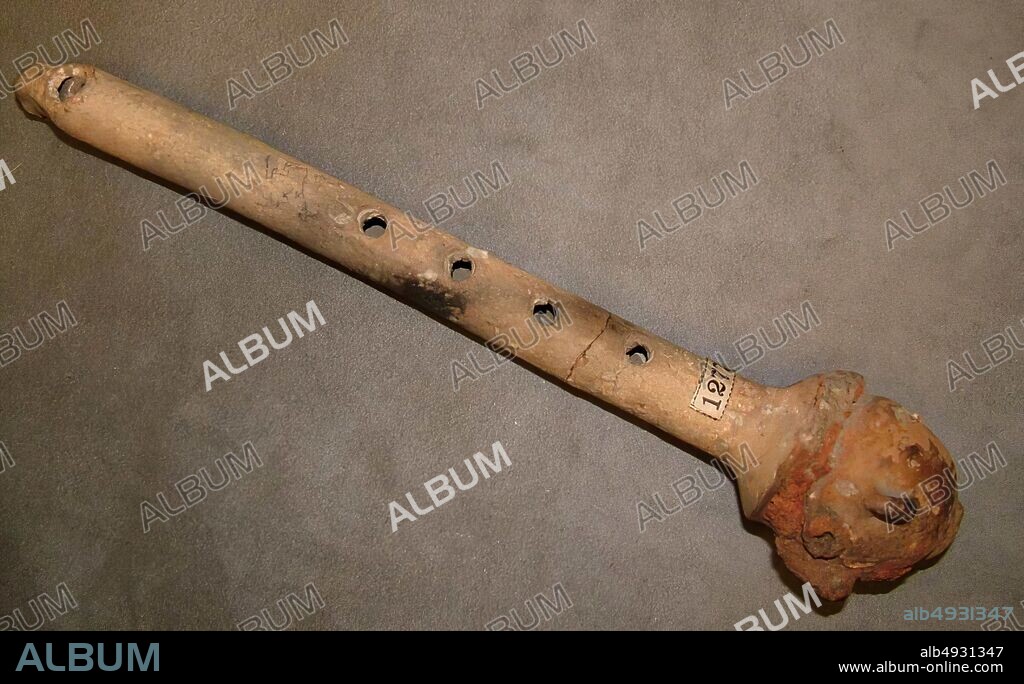Pottery Flute and Rattle, Mexican, Pre-Columbian, Date late 15th century?, Mexico, Mexican, clay, L. 285 mm.; W (column) 22 mm.; D. 53 mm.; Diam. of rattle (greatest) 54 mm. Wt. 118 g., Aerophone and Idiophone-flue blown, vessel rattle.
