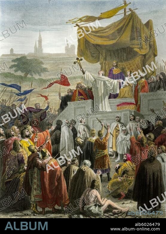 Zweiter Kreuzzug 1147-49.-Der heilige Bernhard von Clairvaux ruft am 31. März 1146 in Vezelay zum Kreuzzug auf.-Stahlstich von Colin nach dem Gemälde, 1840, von Émile Signol (1804-1892). Aus: Ch.Gavard, Galeries historiques de Versailles, Paris (Gavard) 1837-49. Spätere Kolorierung.