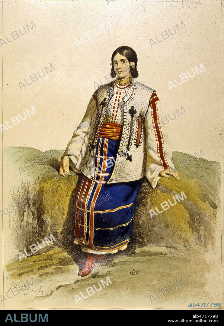Jeune fille roumaine en costume traditionnel. Illustration Lithographie de JANET LANGE (1815-1872) d'apres une peinture Michel BOUQUET (1807-1890) pourVue et coutumes pittoresques de la Valachie de 1843 . Credit : Collection Jean Vigne/KHARBINE-TAPABOR.