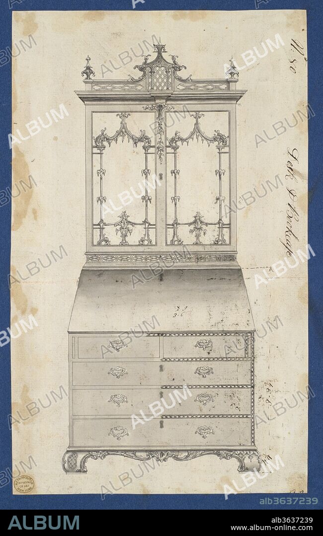 Desk and Bookcase, from Chippendale Drawings, Vol. II. Artist: Thomas Chippendale (British, baptised Otley, West Yorkshire 1718-1779 London). Dimensions: sheet: 11 7/8 x 7 5/16 in. (30.1 x 18.6 cm). Published in: London. Date: 1753.
Preparatory drawing for Thomas Chippendale's 'Gentleman and Cabinet Maker's Director'. Published in reverse as plate LXXX in the 1754 and 1755 editions, renumbered as plate CIX in the 1762 edition.