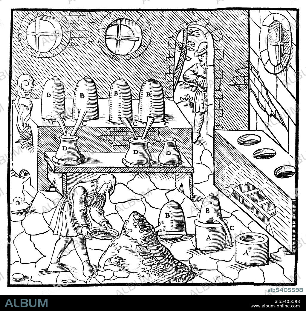 Woodcut from De Re Metallica. The distillation of quicksilver (refining). Georgius Agricola (March 24, 1494 - November 21, 1555) was a German scholar and scientist, known as "the father of mineralogy". In 1556 he published his book De Re Metallica, a treatise on mining and extractive metallurgy, with woodcuts illustrating processes to extract ores from the ground and metal from the ore, and the many uses of water mills in mining. He described and illustrated how ore veins occur in and on the ground, making the work an early contribution to the developing science of geology. He described prospecting for ore veins and surveying in great detail, as well as washing the ores to collect the heavier valuable minerals, such as gold and tin. It was also an important chemistry text for the period and is significant in the history of chemistry. De re metallica is considered a classic document of Renaissance metallurgy, unsurpassed for two centuries.