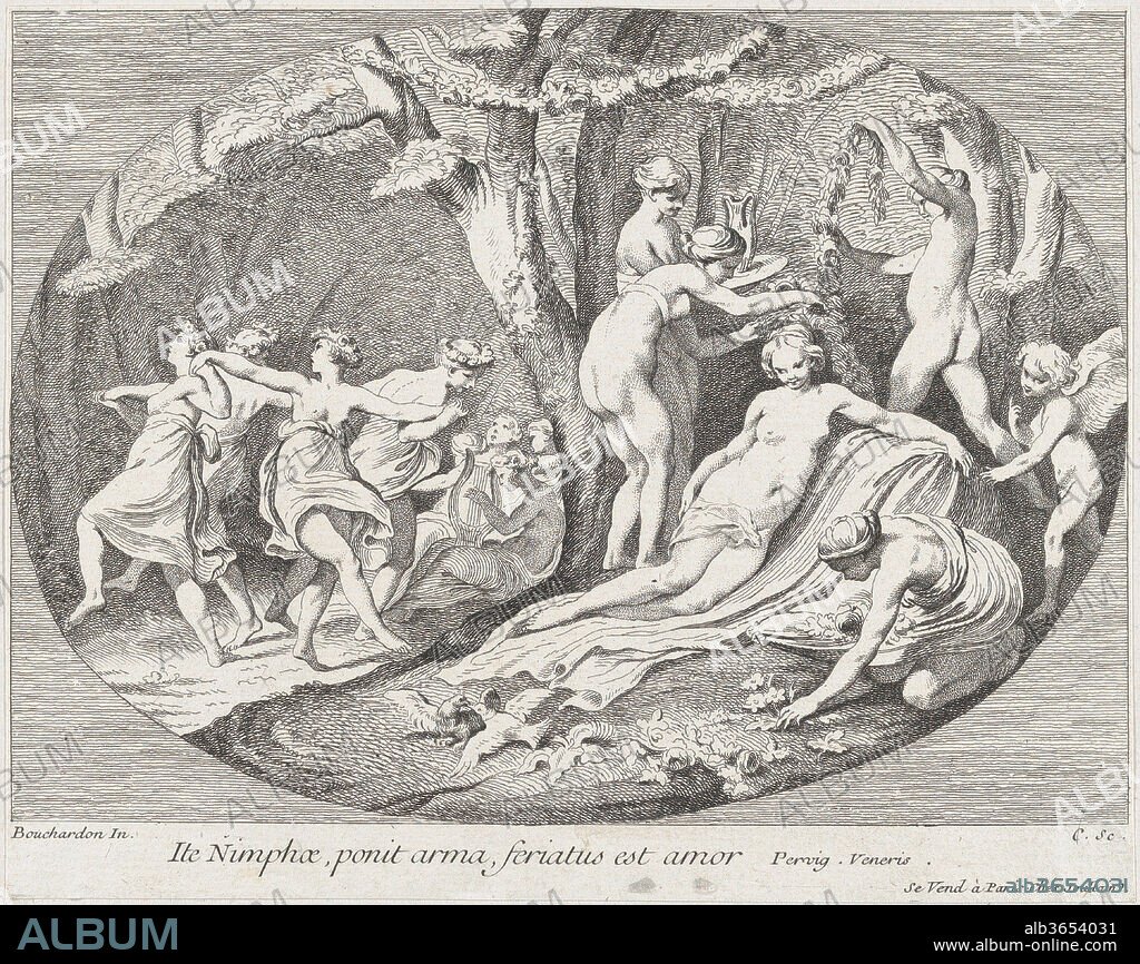 COMTE DE CAYLUS ANNE CLAUDE PHILIPPE DE TUBIÈRES and AFTER EDME BOUCHARDON. Go Nymphs, who lay down their arms, Love is resting!. Artist: Anne Claude Philippe de Tubières, comte de Caylus (French, Paris 1692-1765 Paris); After Edme Bouchardon (French, Chaumont 1698-1762 Paris). Dimensions: Sheet (trimmed): 6 5/16 × 7 15/16 in. (16 × 20.1 cm). Date: 1730-60.