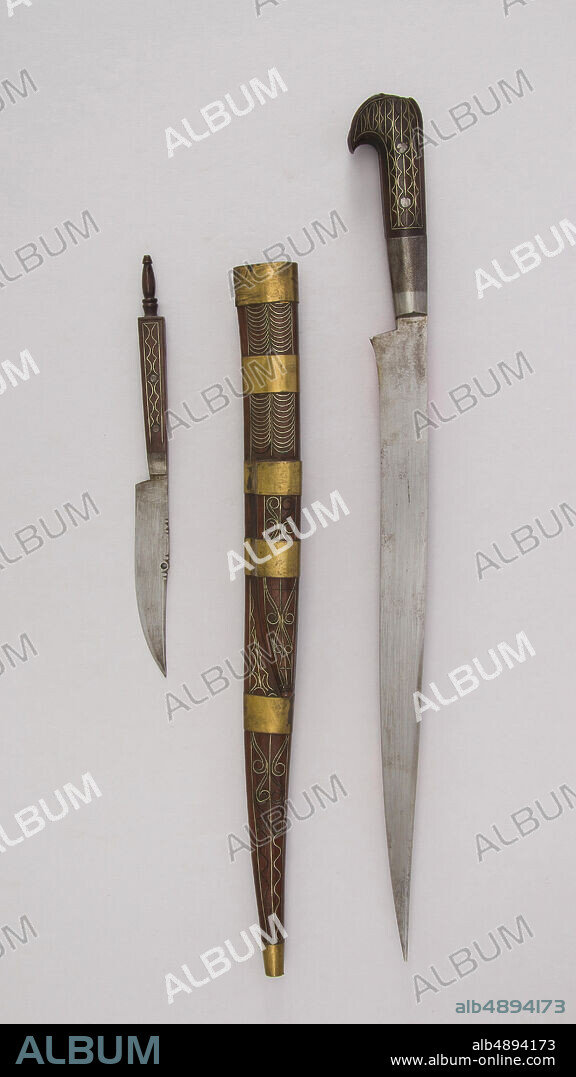 Knife with Sheath and Small Knife, Algerian (Kabyle), 19th century, Algerian (Kabyle), Steel, wood, silver wire, brass, H. with sheath 18 1/4 in. (46.4 cm); H. without sheath 17 5/16 in. (44 cm); H. of blade 13 in. (33 cm); W. 1 1/2 in. (3.8 cm); Wt. 11.9 oz. (337.4 g); Wt. of sheath 2.8 oz. (79.4 g); small knife (c); L. 8 5/8 in. (21.9 cm); L. of blade 4 1/8 in. (10.5 cm); W. 5/8 in. (1.6 cm); Wt. 1.1 oz. (31.2 cm), Knives.