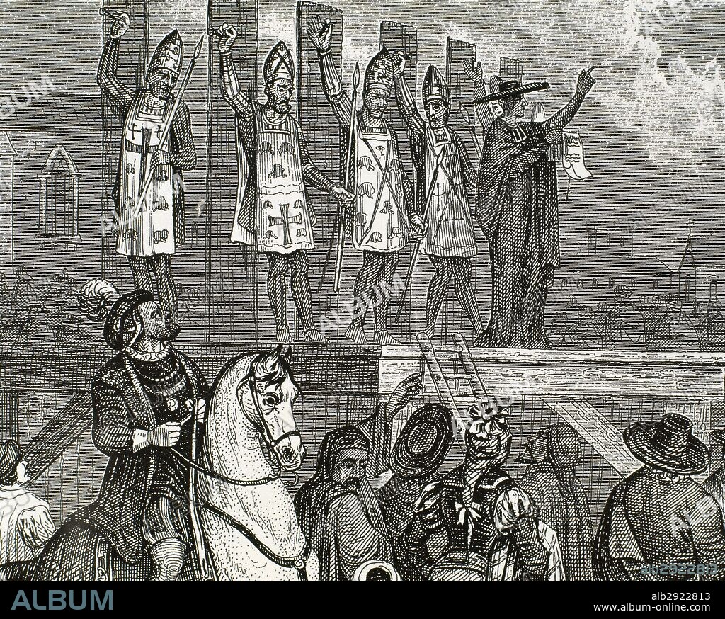 Spanish Inquisition. Auto-da-fe. Condemned in the scaffold wearing the penitential garment known as Sanbenito. Engraving. 19th century.