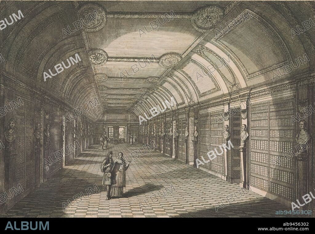 Library of the Abbey of Sainte-Geneviève in Paris, Interior of the library with busts on columns between the bookcases. In the foreground, a man with a compass and a folder stands next to a clergyman. In the background four men. Numbered at lower right: 1., print maker: Franz Ertinger, (mentioned on object), 1689, paper, etching, engraving, height 313 mm × width 444 mm.