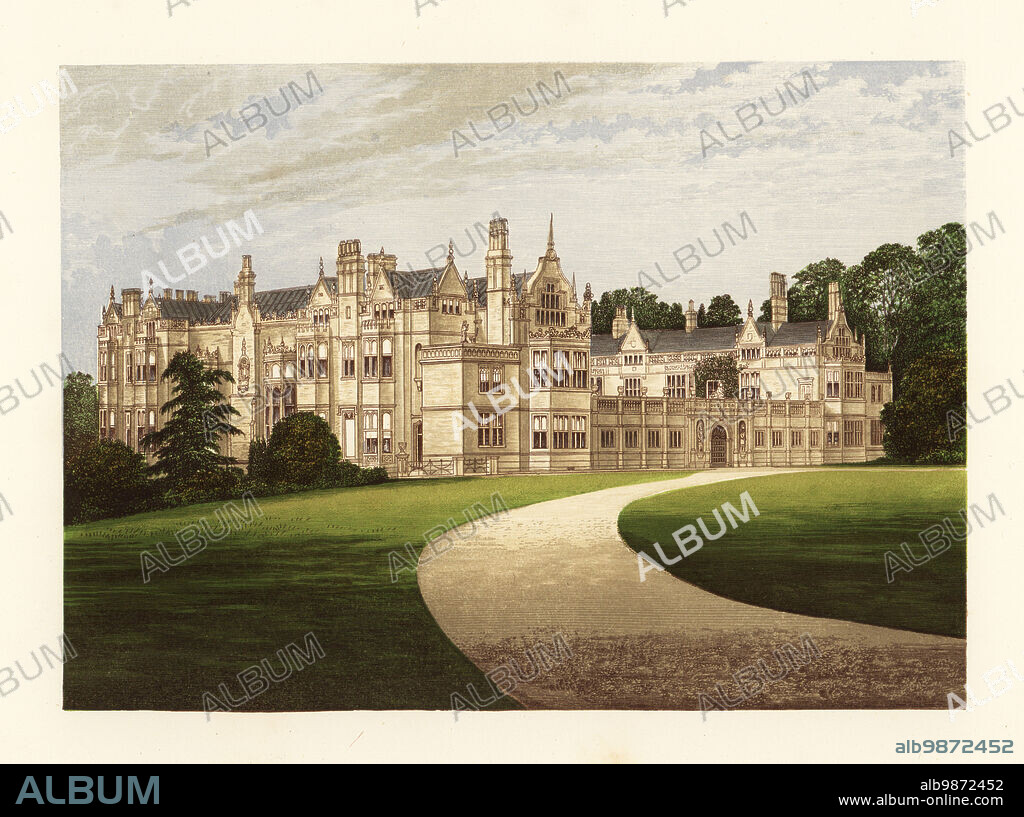Rushton Hall, Northamptonshire, England. Built by Sir Thomas Tresham in 1527, home of Miss Clara Thornhill and her husband William Capel Clarke-Thornhill. Colour woodblock by Benjamin Fawcett in the Baxter process of an illustration by Alexander Francis Lydon from Reverend Francis Orpen Morriss A Series of Picturesque Views of the Seats of Noblemen and Gentlemen of Great Britain and Ireland, William Mackenzie, London, 1880.