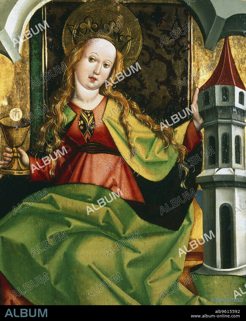 CIRCLE OF JAN POLAK. 'Saint Barbara', c1495-c1519. A Christian martyr who died c235, Saint Barbara was shut up in a tower to protect her from suitors. She is said to have put a third set of windows into the tower to represent the trinity. In her right hand is a golden chalice with a communion wafer above, representing the body and blood of Christ. St Barbara is the Patron saint of arsenals and artillery and a protector against lightning.