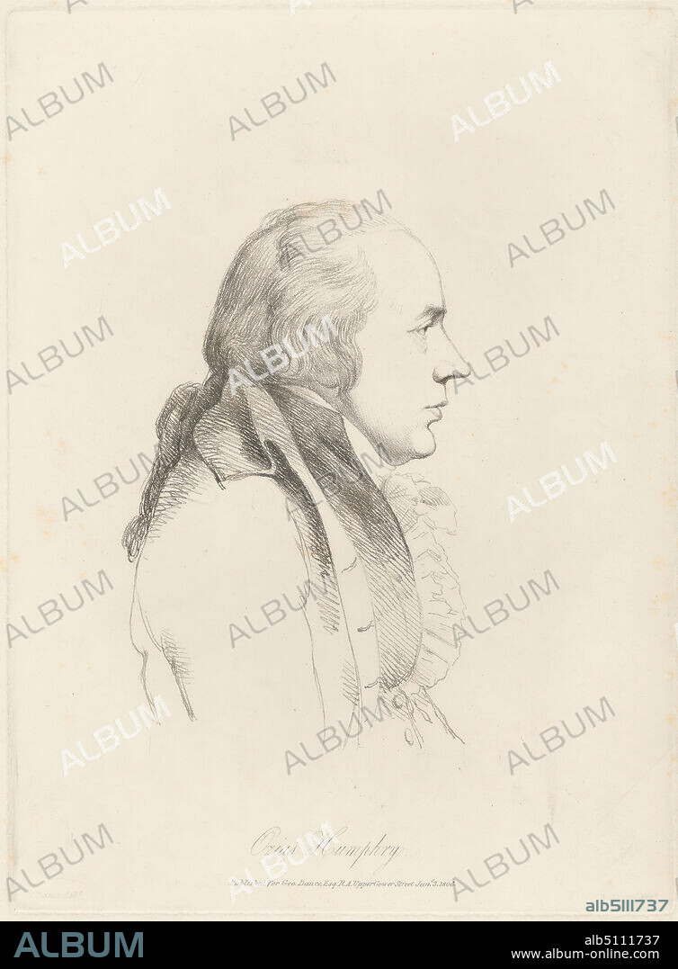 Ozias Humphry, Print made by William Daniell, 17691837, British, after George Dance RA, 17411825, British, Published by George Dance RA, 17411825, British, 1806, Soft-ground etching on moderately thick, slightly textured, cream wove paper, Sheet: 17 1/8 x 10 13/16 inches (43.5 x 27.5 cm), Plate: 10 13/16 x 7 15/16 inches (27.5 x 20.2 cm), and Image: 10 13/16 x 7 15/16 inches (27.5 x 20.2 cm), artist, collar, cravat, painter, portrait, posing, profile, ruffles.
