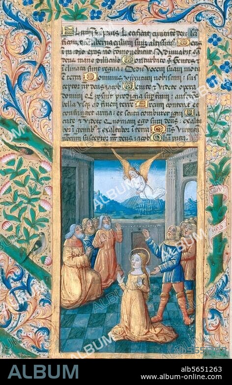 Buchmalerei, Frankreich, Bourges und Toulouse (Werkstatt oder Umkreis von Jean Colombe), um 1490. Engelserscheinung. Aus dem Stundenbuch Ludwigs von Orléans, des späteren Königs Ludwig XII. von Frankreich (Horae ad Usum Romanum). Auf Pergament, 215 × 148 mm. Lat. Q. v. I, 126, fol. 45 v, St. Petersburg, Russische Nationalbibl.