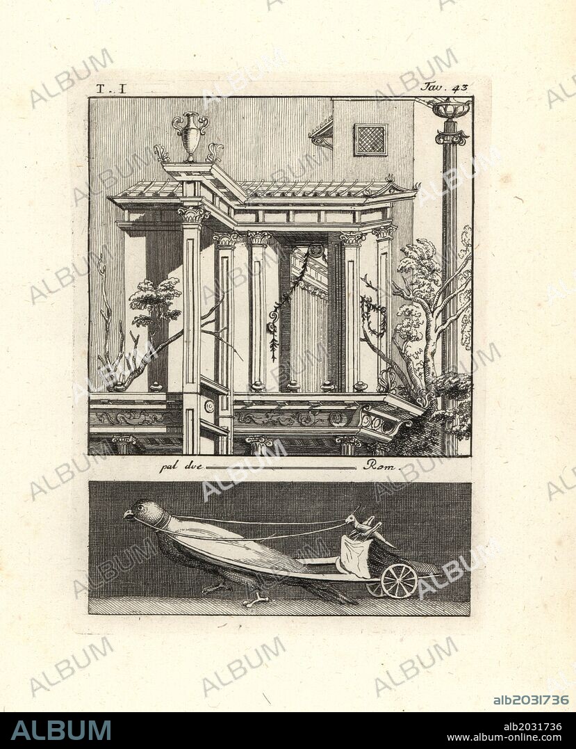 Architectural painting of an Ionic portico, with a cornice decorated with dolphins and tritons, and an entablature with vase. Perhaps a Coenaculum, the upper room on a country house. Vignette below shows a parrot pulling a cricket in a chariot. Copperplate engraved by Tommaso Piroli from his own "Antichita di Ercolano" (Antiquities of Herculaneum), Rome, 1789. Italian artist and engraver Piroli (1752-1824) published six volumes between 1789 and 1807 documenting the murals and bronzes found in Heraculaneum and Pompeii.