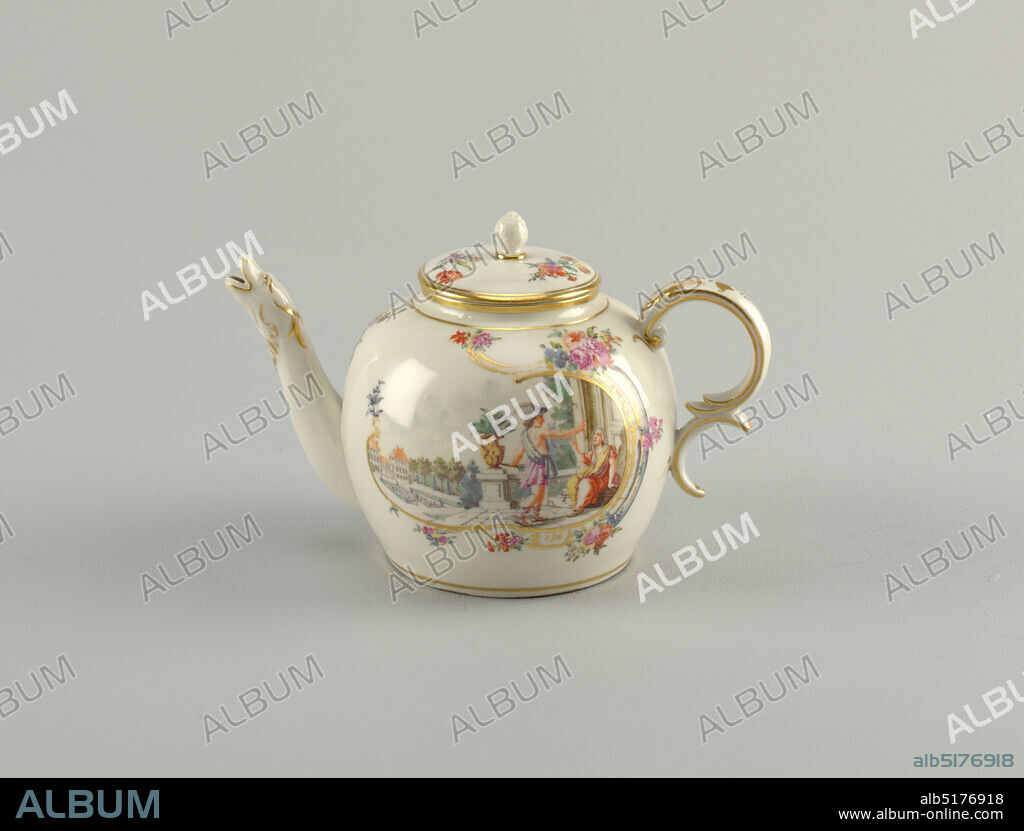 Teapot with Animal-Shaped Spout, Nymphenburg Porcelain Factory, German, established by 1753, hard paste porcelain, vitreous enamel, gold, Globular body with double C-scroll handle and curving animal-headed spout. Round lid with bud-form knob. Gilt enrichments. Painted floral elements. In open gilt frame is painted Mercury appearing to a female figure., Impressed marks: diagonal lozenges on a shield (the Bavarian Rautenschild) and III in a circle, Germany, 17651770, ceramics, Decorative Arts, teapot, teapot.