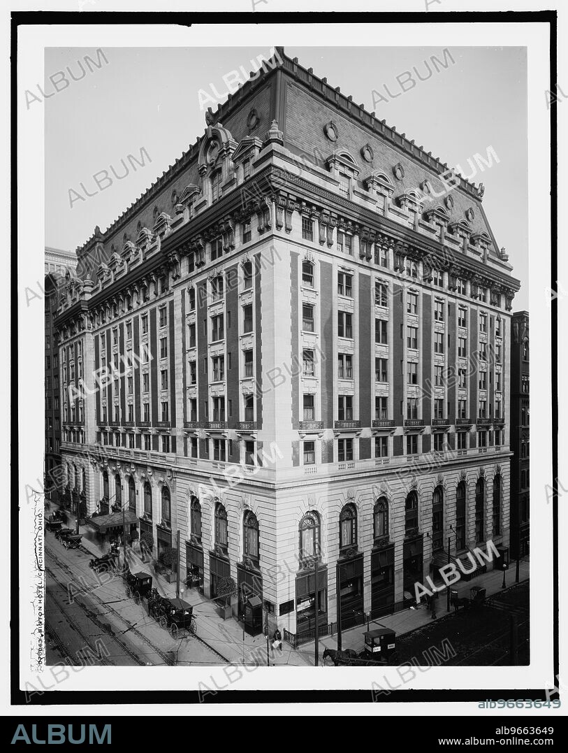 Sinton Hotel, Cincinnati, Ohio, between 1900 and 1910. Opened 1907. From the "Cincinnati Enquirer": 'A cafe of unsurpassed grandeur, finished in rare marbles and Rookwood pottery panels, with a great spreading dome above, rising 55 feet above the marble floor, is to be the great feature of the new Sinton Hotel...F.M. Andrews, architect of the great building...gave a description of the dining facilities...He has visited all the leading cafes and hotels of the country, and said...that he believed the main café of the new hotel would equal if not surpass anything in the United States...there are to be 16 dining rooms in this great building. Twelve of these will be private dining rooms. One will be an immense banquet hall, with its own kitchen, on the upper floor, with a capacity for seating 600 guests. Another will be a magnificent grill room down stairs for men. Another will be an exquisitely appointed Ladies' dining room'.
