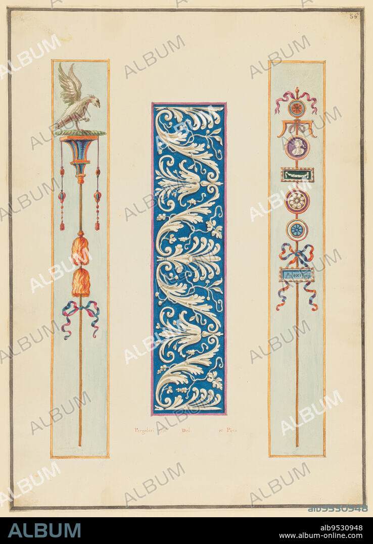 MICHELANGELO PERGOLESI. Ornament Design, Anthemion Panel and Roman Standards. Date: 1776. Pen and ink, brush and watercolor over graphite on laid paper.