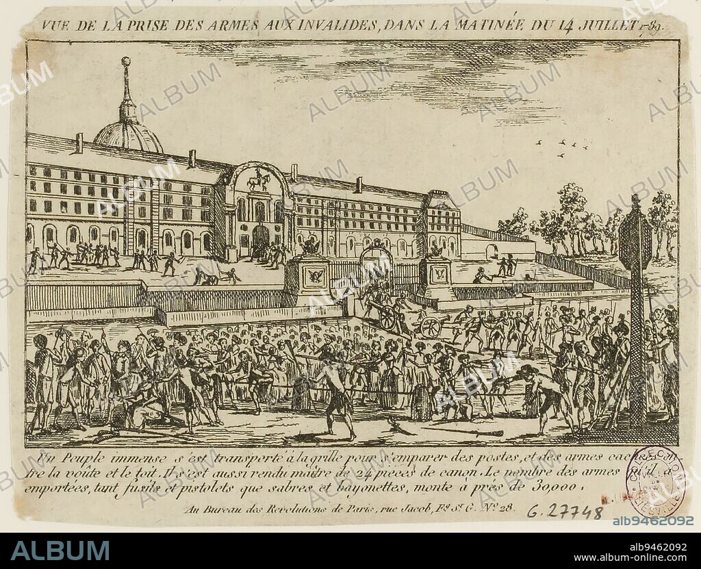 French Revolution. Taking up arms at the Invalides, on the morning of July 14, 1789, current 7th arrondissement, Anonymous, Engraver, Between 1784 and 1794, Print, Graphic arts, Révolution française, Print, Etching, Dimensions - Work: Height: 11 cm, Width: 14.7 cm, Dimensions: Height: 32.5 cm, Width: 49.5 cm.