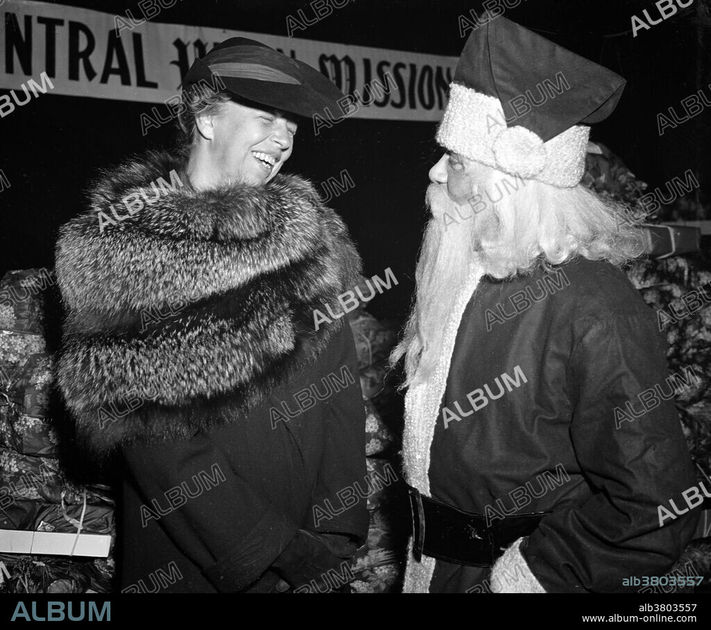 Entitled: "Santa Claus and Mrs. Roosevelt at Central Union Mission's Christmas Party." Anna Anna Eleanor Roosevelt (October 11, 1884 - November 7, 1962) was an American politician. She married her fifth cousin once removed, Franklin Delano Roosevelt, in 1905. After discovering Franklin's affair with Lucy Mercer, she resolved to seek fulfillment in a public life of her own. She persuaded Franklin to stay in politics following his partial paralysis from polio, and began to give speeches and campaign in his place. She was a controversial First Lady for her outspokenness, particularly her stance on racial issues. She was the first presidential spouse to hold press conferences, write a syndicated newspaper column, and speak at a national convention. She advocated for expanded roles for women in the workplace, the civil rights of African-Americans and Asian-Americans, and the rights of WWII refugees. Photographed by Harris & Ewing, December 24, 1938.