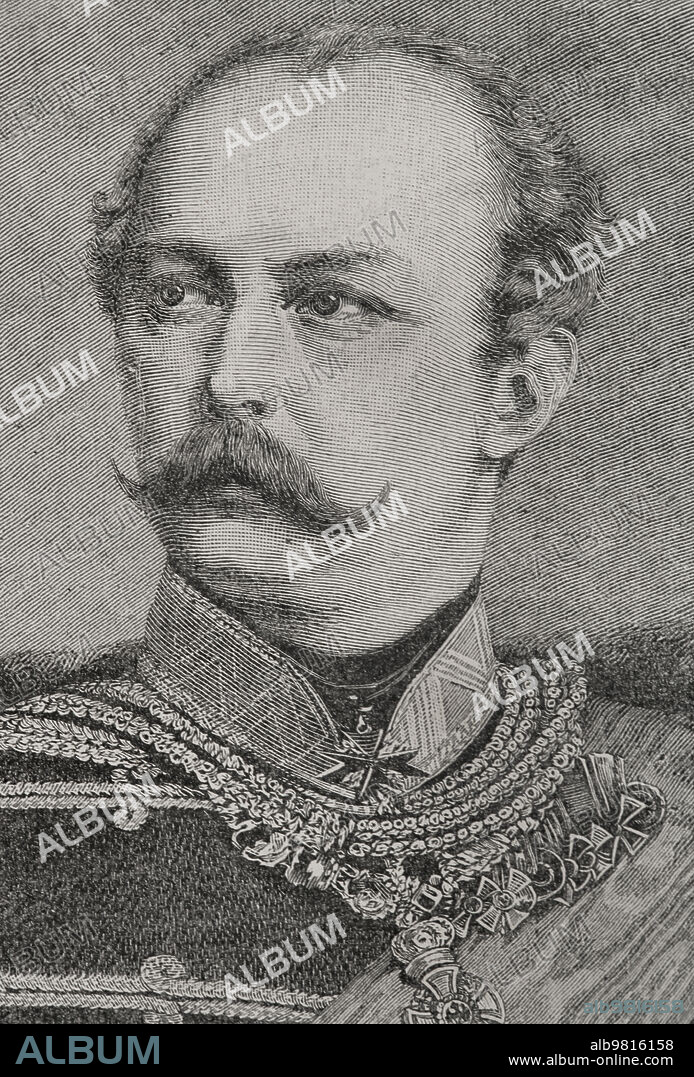 Federico Carlos (1828-1885). Príncipe de Prusia. Nieto de Federico Guillermo III de Prusia. Retrato. Grabado. "Historia de la Guerra Franco-Alemana de 1870-1871". Publicada en Barcelona, 1891.