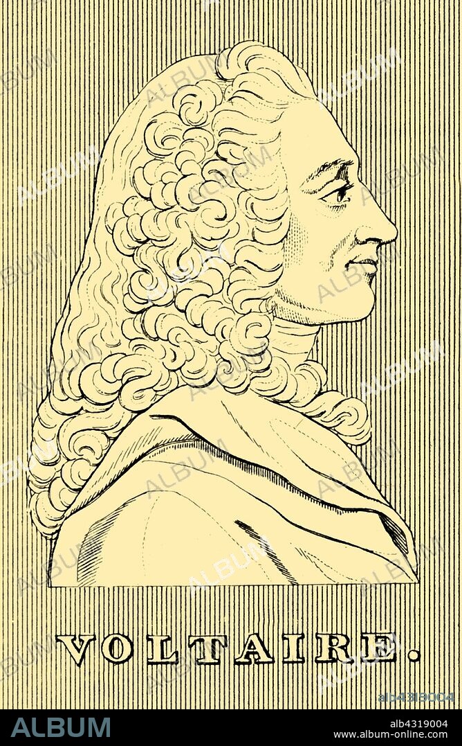 'Voltaire', (1694-1778), 1830. Francois-Marie Arouet (1694-1778)  French Enlightenment writer, historian, and philosopher. A satirical polemicist famous for his wit, advocacy of freedom of speech, religion, and separation of church and state, decorated by George I of Great Britain. From "Biographical Illustrations", by Alfred Howard. [Thomas Tegg, R. Griffin and Co., J. Cumming, London, Glasgow and Dublin, 1830].