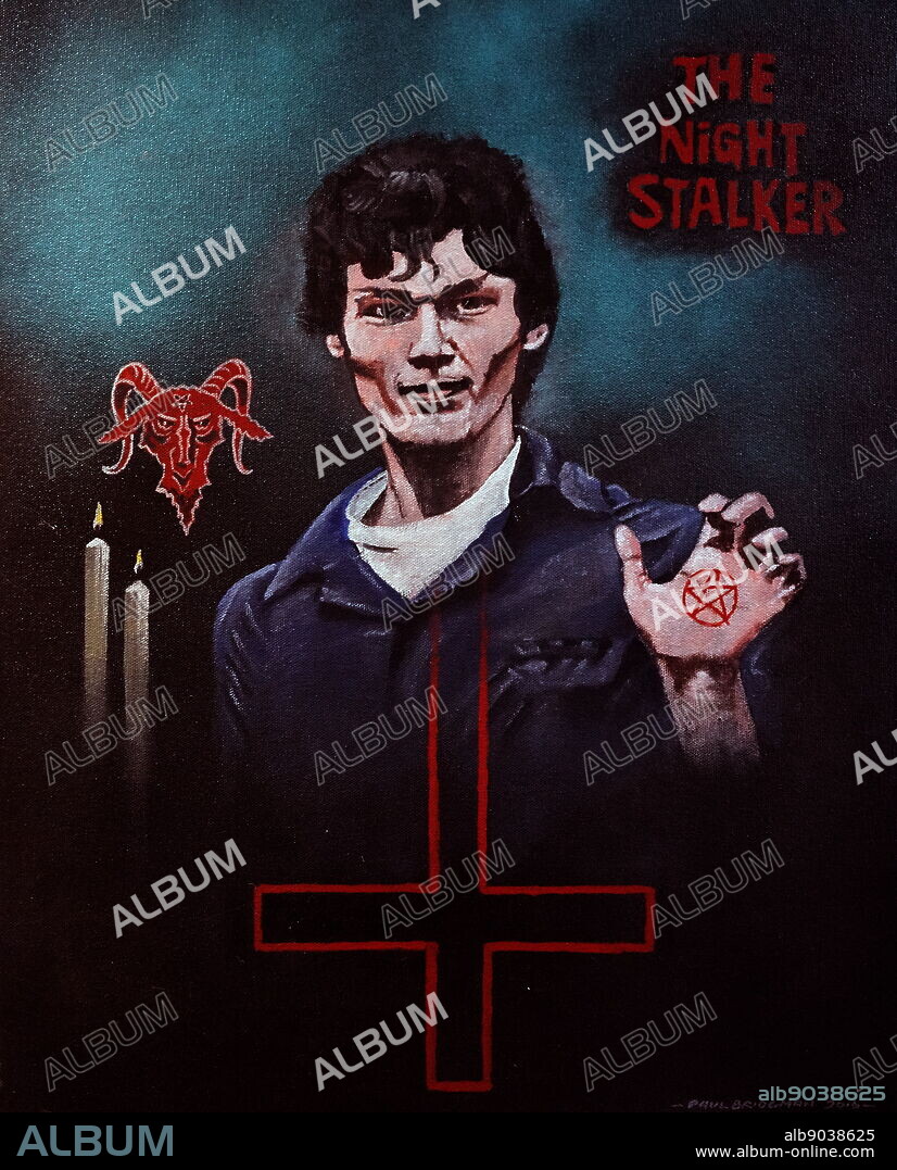 A painting depicting Richard Ramirez (Nightstalker). Ricardo Leyva Munoz Ramirez (1960-2013) an American serial killer, rapist, and burglar. Painting by Paul Bridgman.