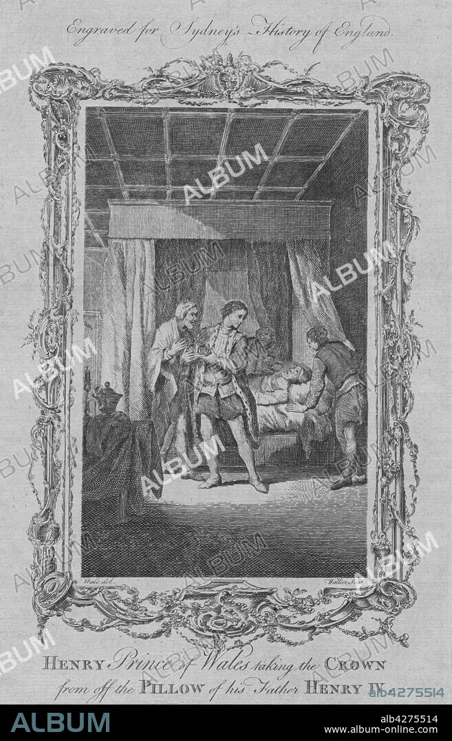 WILLIAM WALKER. 'Henry Prince of Wales taking the crown from off the pillow of this father Henry IV', 1773. Henry V (1386- 1422),  House of Lancaster had military successes in the Hundred Years' War against France. In Shakespeare's play, Prince Henry visits his father's sickbed and, finding him asleep, takes the crown from his pillow. After Samuel Wale (1721-1786). From "A New and Complete History of England, From the Earliest Period of Authentic Intelligence to the Present Time", by Temple Sydney. [J. Cooke, London, 1773].