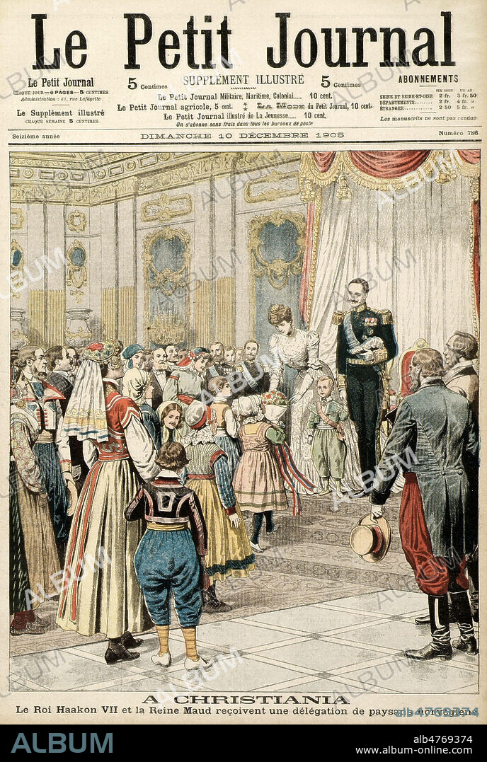 'A Christiana : le roi HAAKON VII et la Reine Maud recoivent une delegation de paysans norvegiens'. Gravure du Petit Journal Illustre du 10 decembre 1905. Credit : Collection KHARBINE-TAPABOR.