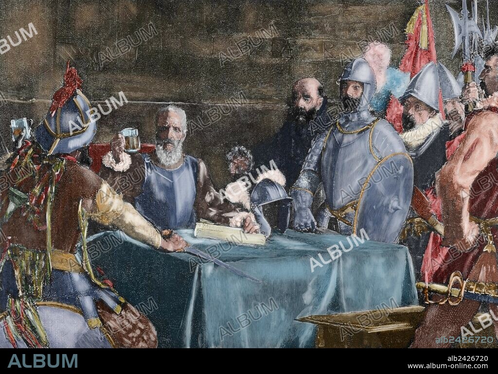 Miguel Lopez de Legazpi (1503-1572). Spanish admiral and governor. The Blood Compact's ceremony between Legazpi and Sikatuna, king of Philippines. Engraving. Colored.