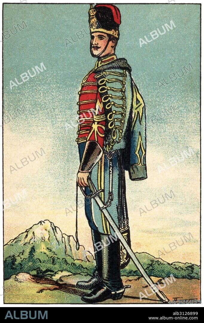 ALBERT MESTRE MORAGAS. Traje de gala de los batidores de húsares de Pavía de principios del siglo XX. Cromo de Chocolates Juncosa. Años 1920.