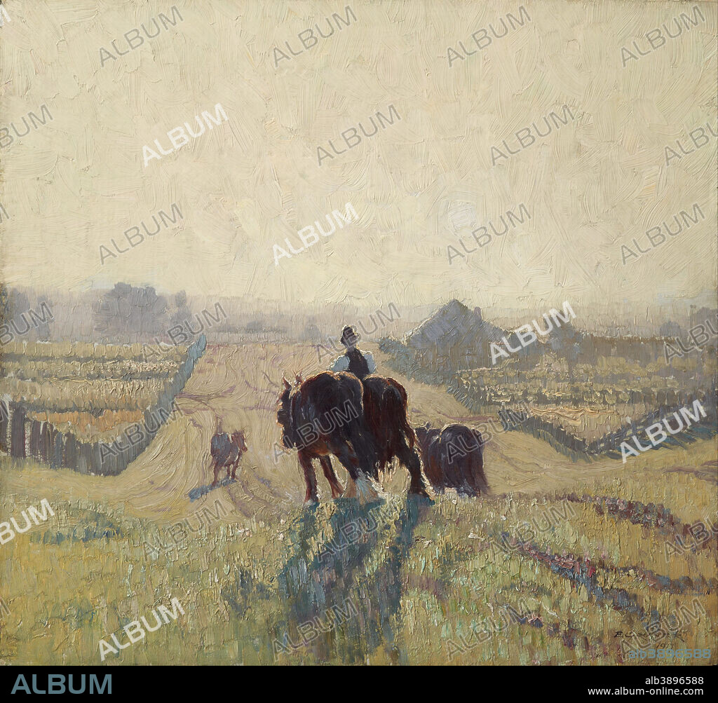 ELIOTH GRUNER. Frosty sunrise. Date/Period: 1917. Painting. Oil on canvas on wood. Height: 600 mm (23.62 in); Width: 635 mm (25 in).