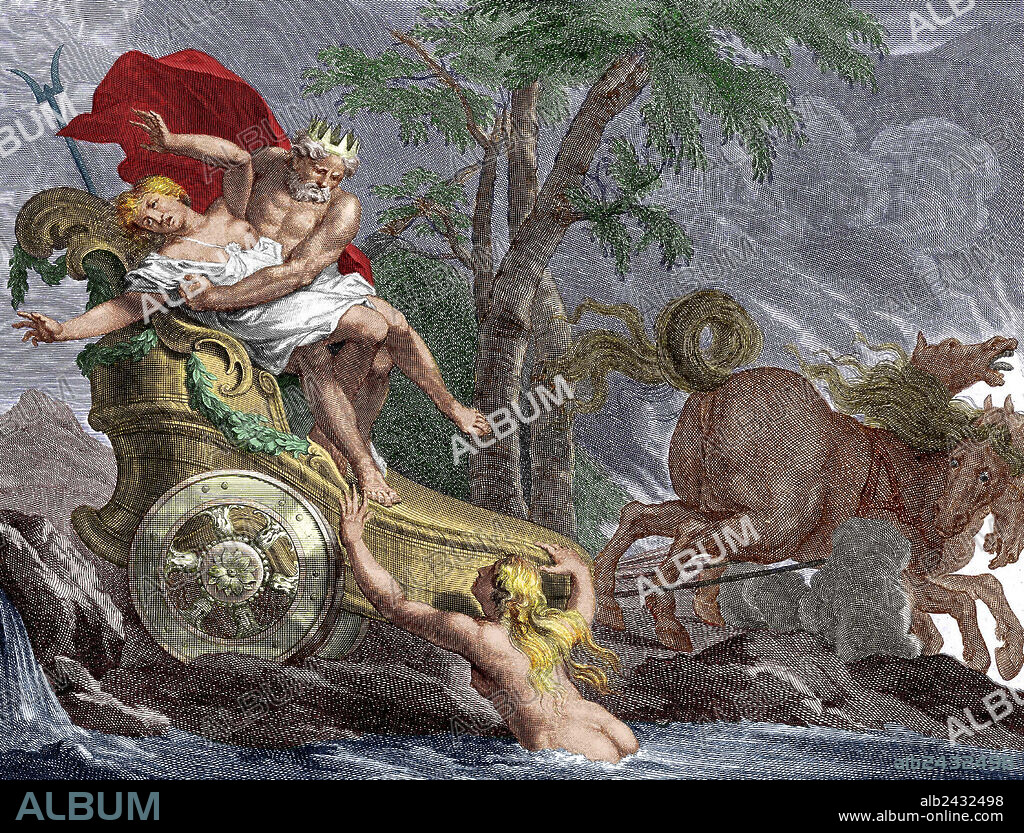 Tales The Metamorphosis by Ovid : kidnapping rape of Proserpine (Persephone) by Pluto (Hades), engraving colourized document.