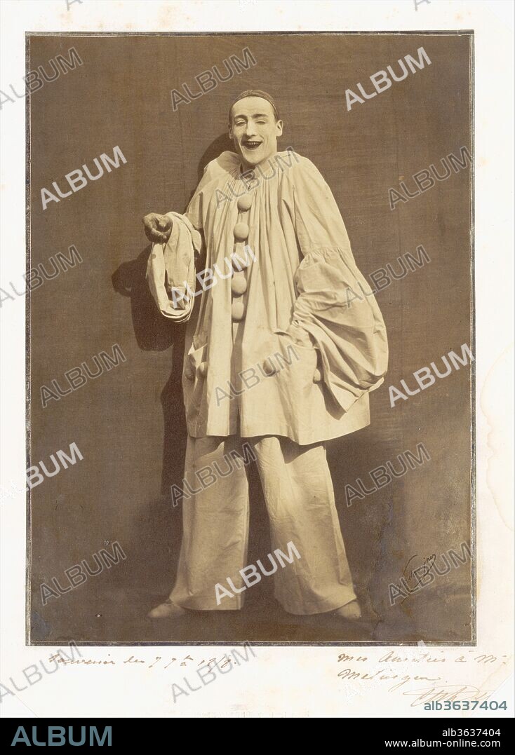 Pierrot Laughing. Artist: Adrien Tournachon (French, 1825-1903); Nadar (French, Paris 1820-1910 Paris). Dimensions: 27.3 x 19.8 cm (10 3/4 x 7 13/16 in.). Person in Photograph: Jean-Charles Deburau (French, 1829-1873). Date: 1855.
We owe the contemporary image of Pierrot to the famous mime Jean-Gaspard Baptiste Duburau, who replaced the ruff and wide white hat of the commedia dell'arte character with the long blank face and black skull cap that we recognize today.  Charles Duburau, his son and also a mime, was asked by Nadar and his brother Adrien to pose for a series of "têtes d'expression" that would serve as publicity for the brothers' struggling studio.  The series was an enormous popular success.