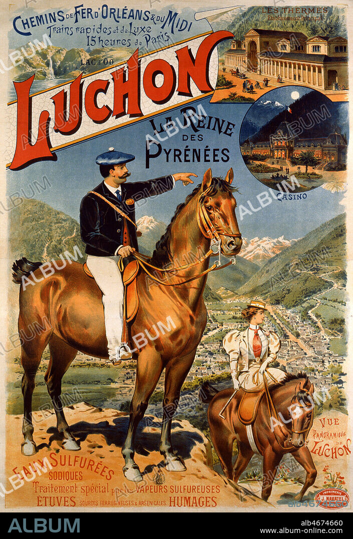 LUCHON dans les Pyrenees. Illustration anonyme pour une affiche de tourisme pour les Chemins de fer d'Orleans et du Midi, vers 1890. Credit Collection PERRIN/Kharbine Tapabor.
